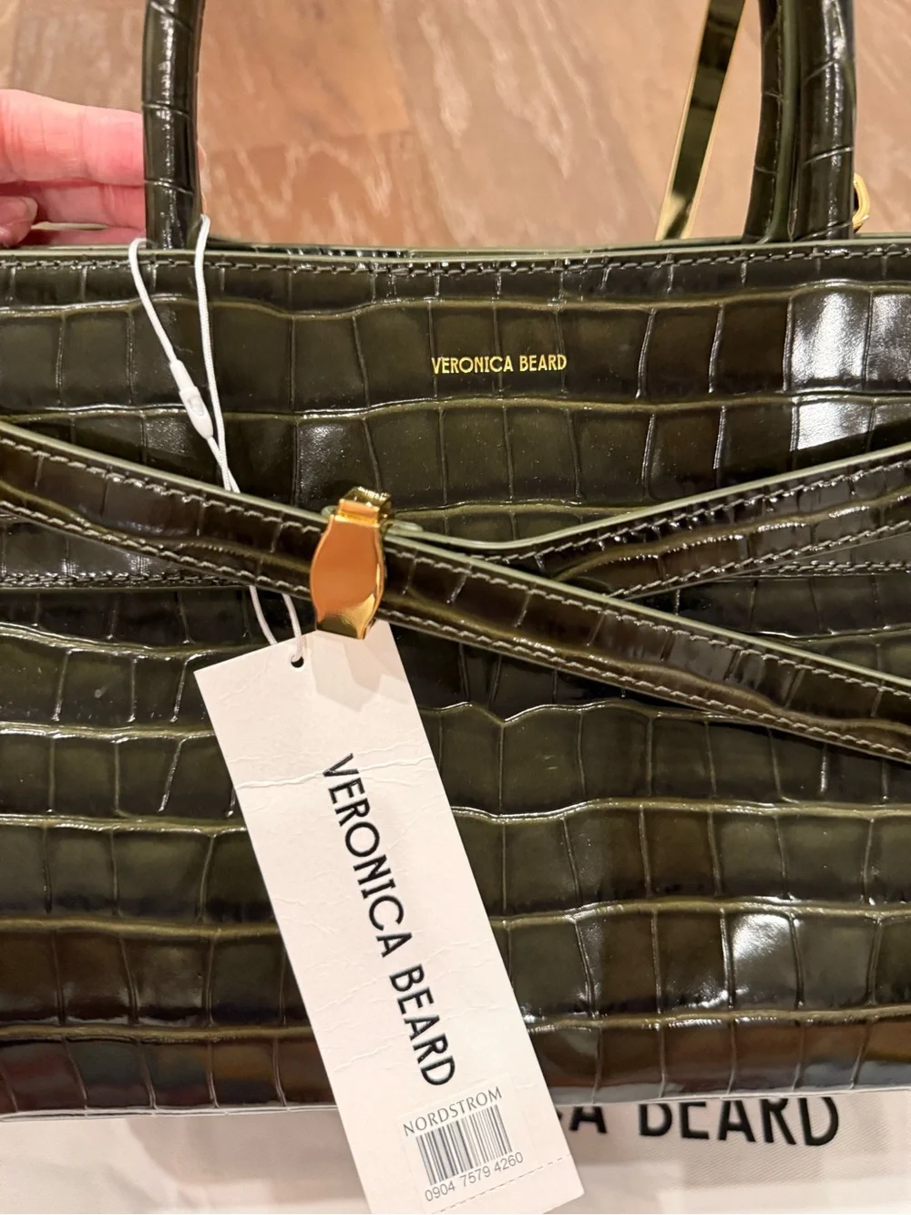Veronica Beard Glossy Black Croc-Embossed Satchel with Front Tie